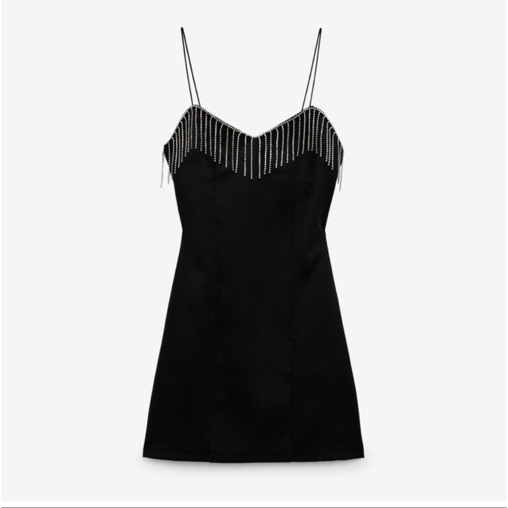 Zara Black Detailed Rhinestone Fringe Mini dress